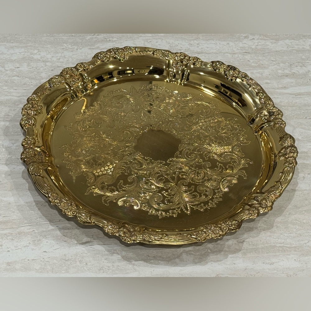 BrassCrafters Vintage Shiny Gold Solid Brass Round Ornate Tray Decor